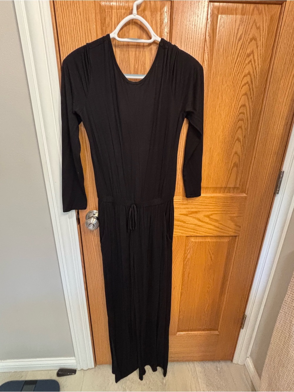 Women's Black Long-Sleeve Jumpsuit with Drawstring Waist